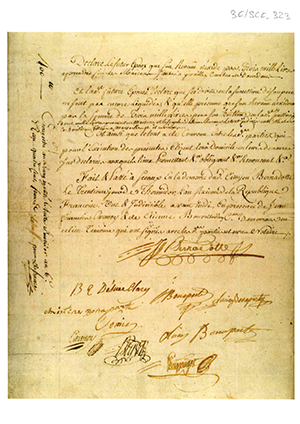 Äktenskapskontraktet, undertecknat av Bernadotte, Désirée Clary och fyra medlemmar i Bonapartefamiljen. 