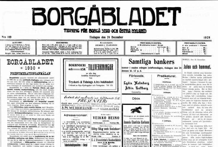 Borgåbladet 24.12.1929. (Digi.kansalliskirjasto.fi)
