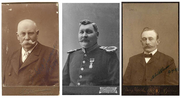 Även dessa män har valt uppåtsvängda varianter. Porträttfynd #26686, #133033 och #106840.